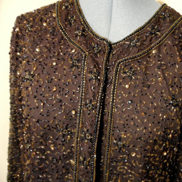 Vintage STENAY 100% Silk ALL Beaded Formal Jacket S Brown Hook front Overcoat LS - Picture 2 of 13